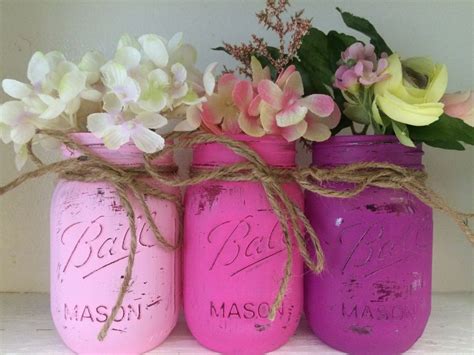 Painted Mason Jars Set Of 3 Pink Ombre Color Jars Rustic