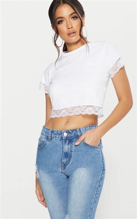 White Lace Trim Crop T Shirt Tops Prettylittlething