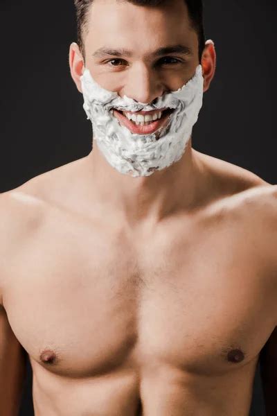 Handsome Naked Man Shaving Foam His Face Smiling Holding Bottle Stock