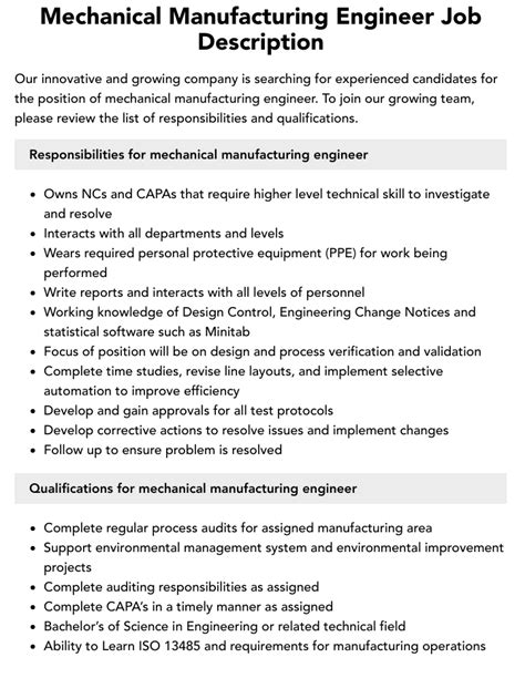 Mechanical Manufacturing Engineer Job Description Velvet Jobs