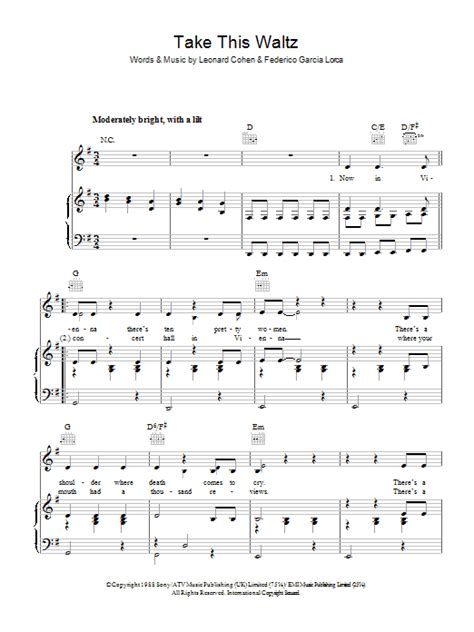 Take This Waltz Sheet Music Leonard Cohen Piano Vocal And Guitar Chords