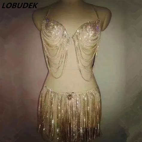 Gold Sparkly Rhinestones Tassels Bikini Female Costume Bar Nightclub Dj Singer Dance Wear Pole