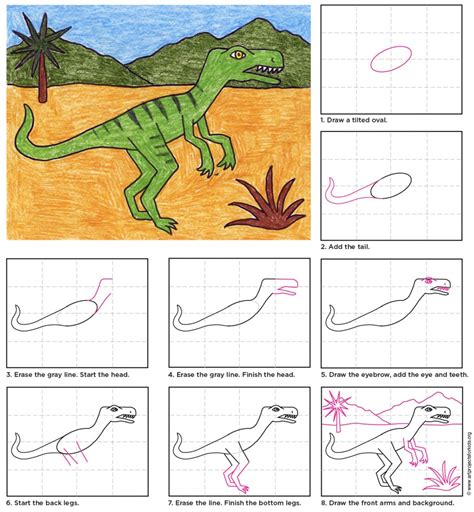 How to draw a tyrannosaurus rex, step by step, drawing guide, by dawn. Velociraptor - Art Projects for Kids