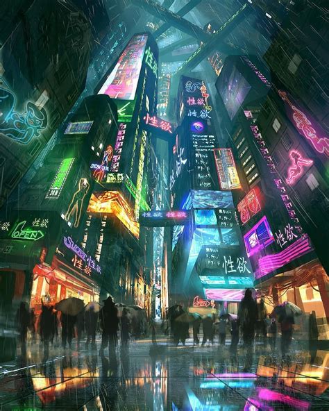 Cyber City Futuristic Artwork Digital Art Asian Glowing Pink Yellow