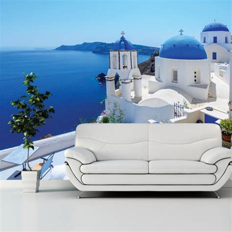 White Buildings Blue Sea Greece Wall Mural Wallpaper