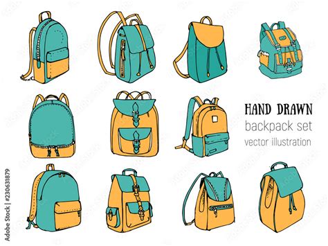 Vektorová Grafika „colored Hand Drawn Vector Set Of Doodle Backpacks