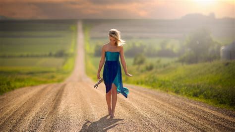 Women Blonde Road Nature Landscape Barefoot Nebraska Jake Olson Blue Dress Bare Shoulders