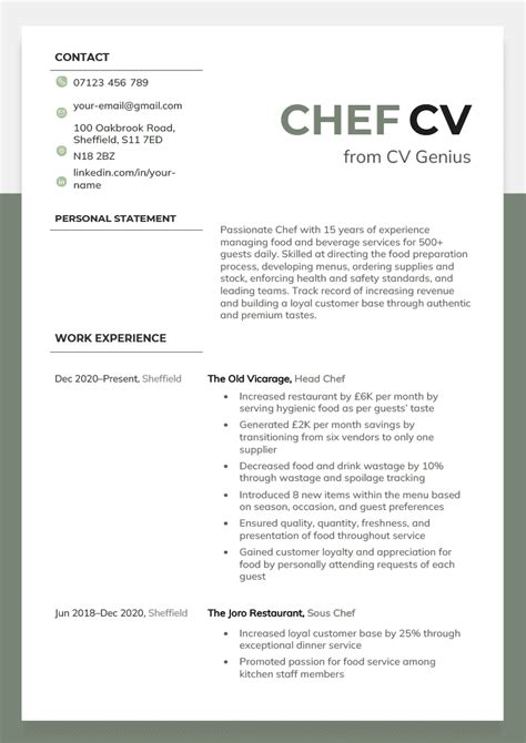 Chef Cv Example And Writing Guide Cv Genius