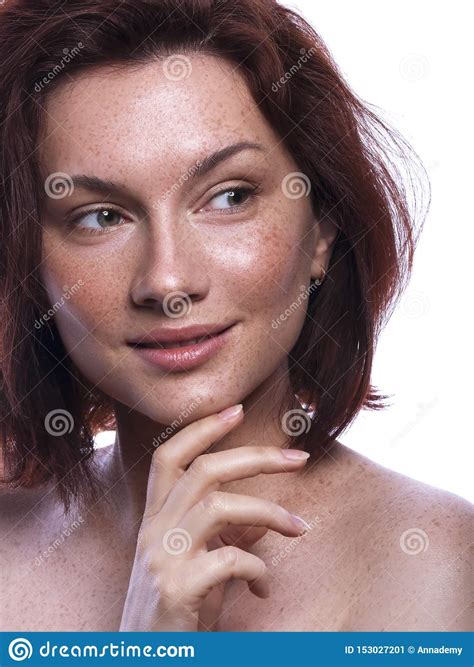 Cute Brunette Woman With Freckles All Over Her Face Clean Flawless