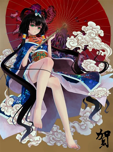 1girl barefoot black hair clouds feet green eyes hair ribbon highres japanese clothes kimono