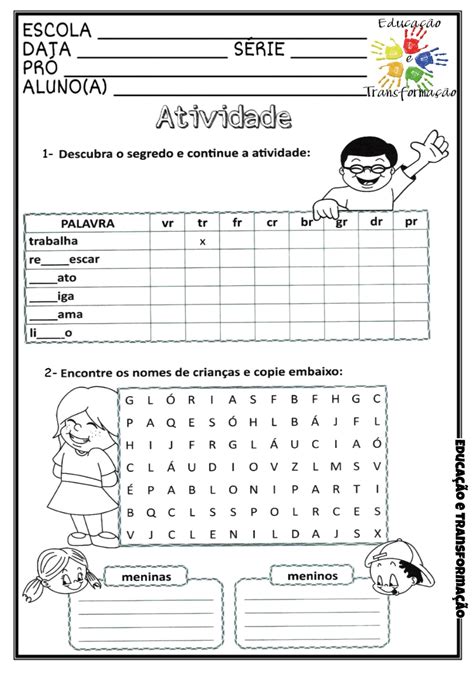 Encontro vocálico e consonantal Atividade de língua portuguesa para trabalhar encontro vocálico