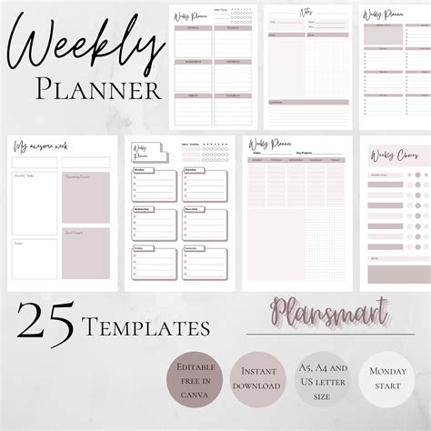Printable Weekly Planner Templates Canva Customizable Planner Etsy