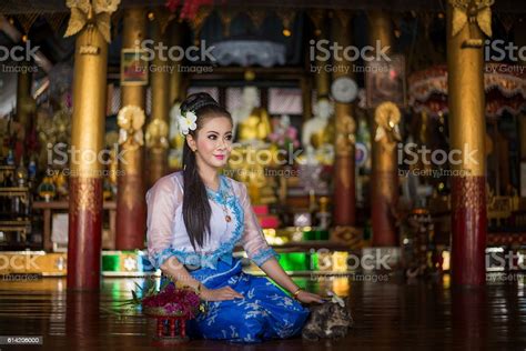 Beautiful Asian Girl In Myanmar Traditional Costume With Red Ba Stock