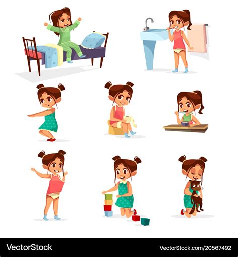 Little Girl Does Daily Routine Set Royalty Free Vecto