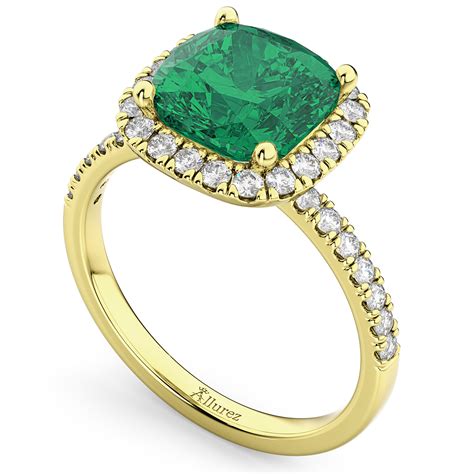 Cushion Cut Halo Emerald And Diamond Engagement Ring 14k Yellow Gold 3