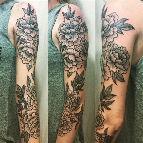 Blackwork Peony Floral Sleeve By Kyle Grover Tattoos