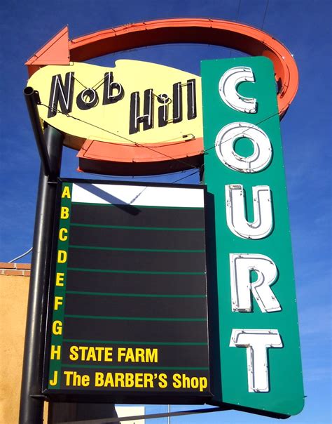 There are numerous shopping centers and malls within the city, including abq uptown, coronado, cottonwood, nob hill, and winrock. former Nob Hill Motel sign, now Nob Hill Court, Historic R ...