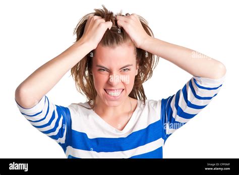 Frustrated And Angry Woman With Hands In Her Hair Pulling Stock Photo Alamy