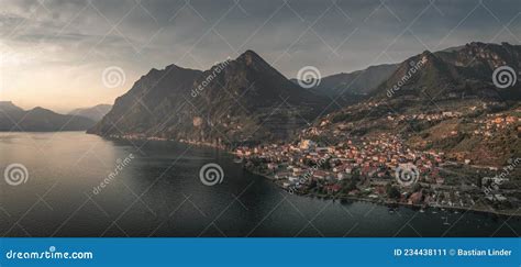 Mountain Panorama At Lake Iseo With Mountains And Village Marone From