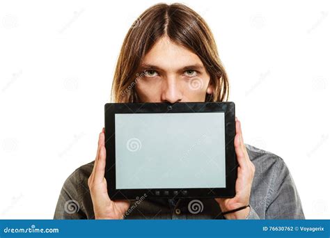 Man Holding Pc Tablet Blank Screen Copyspace Stock Photo Image Of
