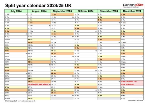 Split Year Calendars 202425 Uk July To June For Word