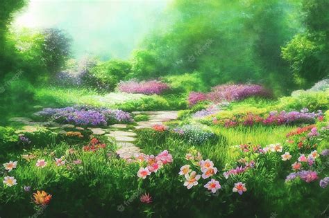 Premium Photo 3d Render Digital Painting Of Garden With Flowers And