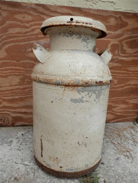 Antique Metal Milk Can Milk Jug With Lid Old White Chippy Etsy