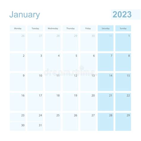 2023 January Wall Planner In Blue Pastel Color Week Starts On Monday