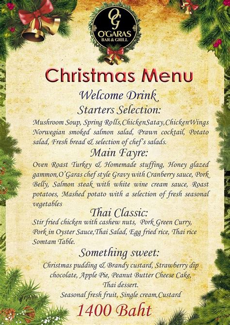 Serve a traditional christmas dinner menu filled with classic dishes, including smoked salmon starters, roast turkey with all the trimmings and christmas pudding. Christmas Dinner Menu at O'Garas Irish Bar & Restaurant ...