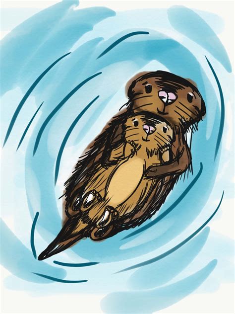 Mama And Baby Otter Swimming Swimmer Drawing Illustration Etsy