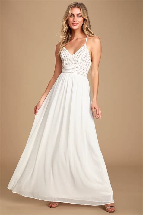 Stunning White Embroidered Maxi Dress Beaded Maxi Dress Lulus