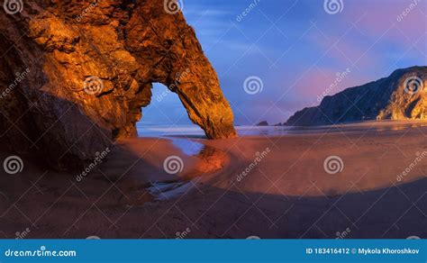 Panorama Of Rocky Arch At The Adraga Beach Stock Photo Image Of Cliff