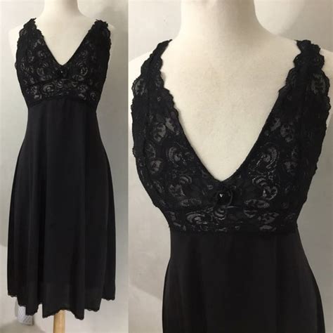 Vintage Black 50s Sheer Dress Slip Nightie Lace Ni Gem