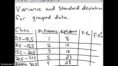 In case of a frequency distribution with as class marks and as the corresponding class frequencies, the from the above methods of calculating standard deviation, both grouped and ungrouped, we have noticed that computing standard deviation requires number. Variance and Standard Deviation for Grouped Data - YouTube