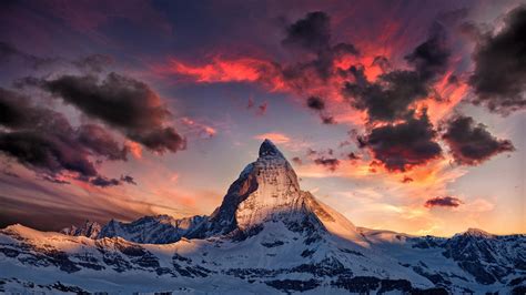 Dramatic Sky Mountain Peak Nature Winter Capped Sunset Cloud