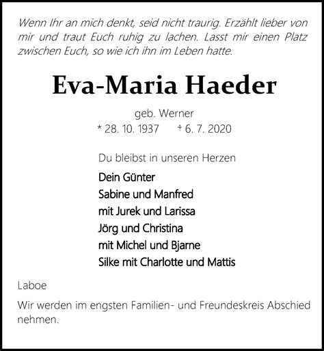 Traueranzeigen Von Eva Maria Haeder Trauer Anzeigende