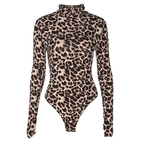 Womens Sexy Leopard High Neck Bodysuit Long Sleeve Tight Base Bodycon Turtleneck Bodysuits