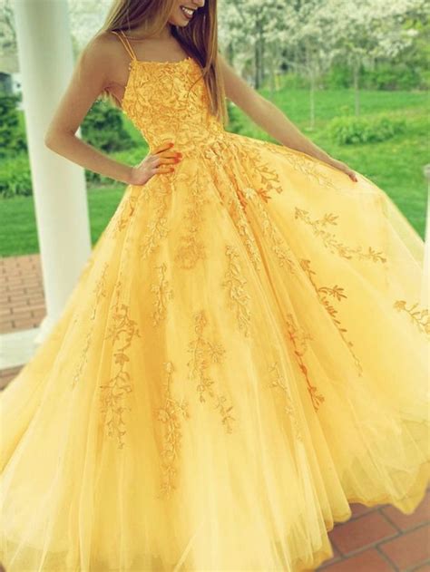 Yellow Prom Dresses Lace Embroidery Ball Gown With Multi Straps，f1646