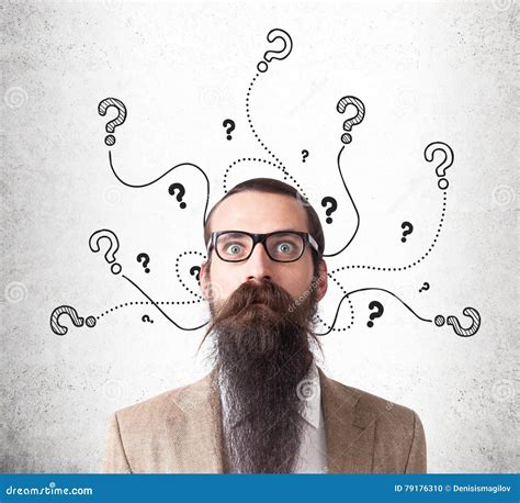 Baffled Man And Question Marks On Concrete Wall Stock Photo Image Of