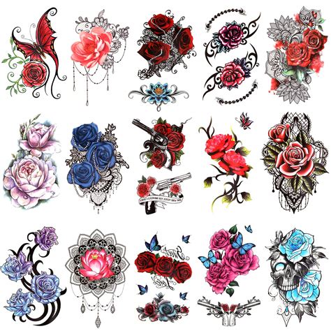 Konsait 15 Sheets Flower Temporary Tattoos For Women Half