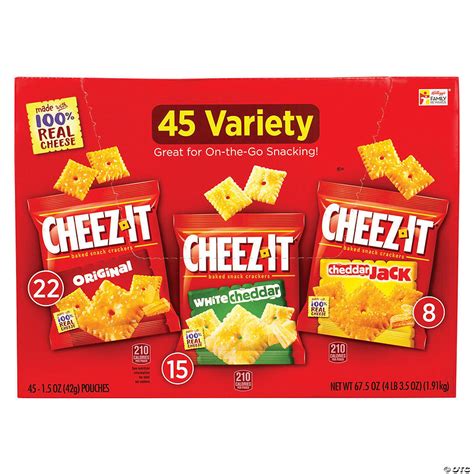 Taste the difference real cheese makes in our cheesy baked snack cracker varieties today. Cheez-It Variety Pack, 1.5 oz, 45 Count | Oriental Trading