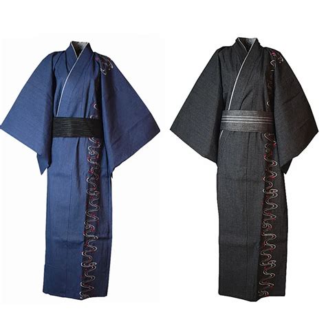 Men Japanese Style Kimono Yukata Bathrobe Pajamas Embroidery Cotton