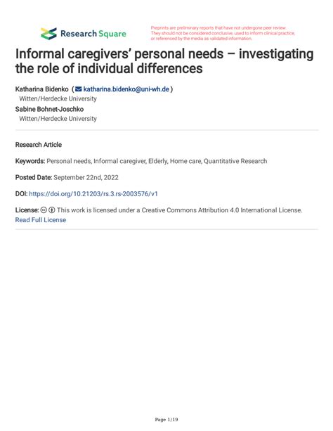 Pdf Informal Caregivers Personal Needs Investigating The Role Of Individual Differences