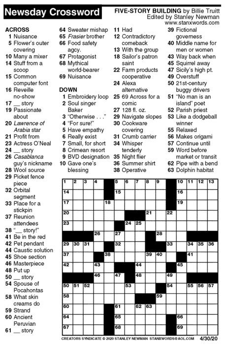 Sunday puzzle the weekly quiz from npr puzzlemaster will shortz. Newsday Crossword Puzzle for Apr 30, 2020, by Stanley ...