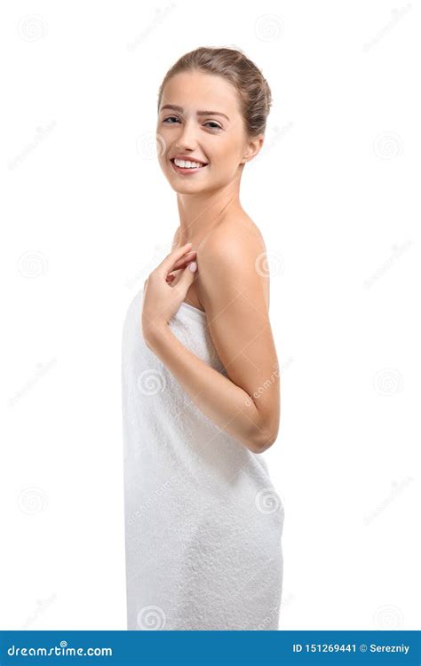 Beautiful Young Woman Wrapped In Towel On White Background Stock Image Image Of Girl Shower