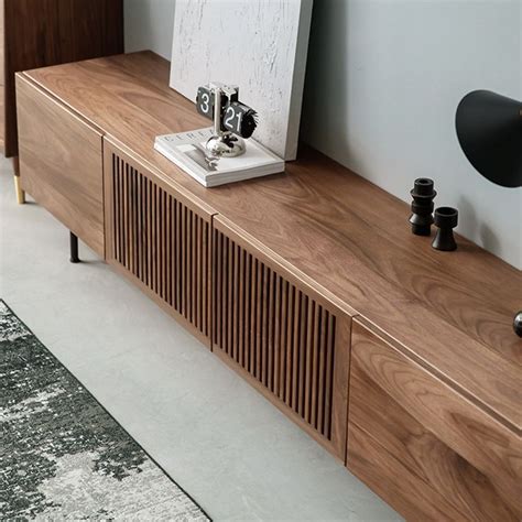 Modern Wood Tv Stand Minimalist Slatted Media Console With Tall Cast