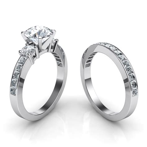 3 Stone Engagement Ring And Wedding Band Bridal Set