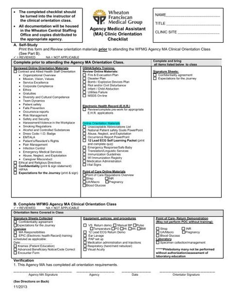 Agency Medical Assistant Ma Clinic Orientation Checklist