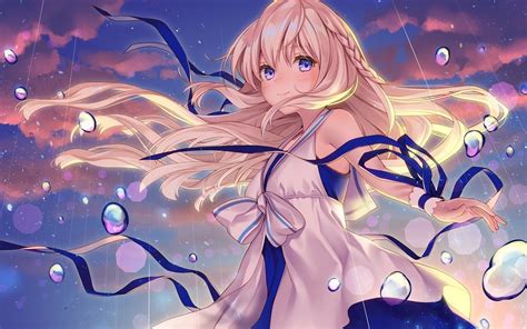 453505 Long Hair Clear Sky Pink Clouds Blue Eyes Anime Anime