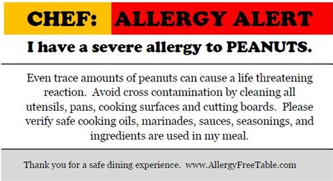 Chef Card Peanut Allergy Food Allergies